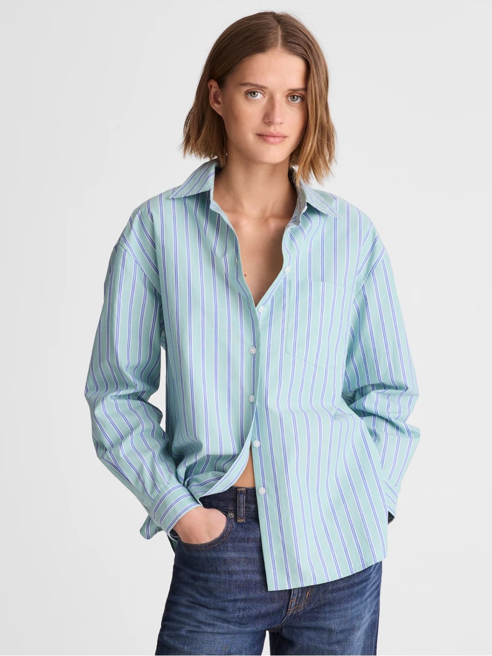 Madewell Striped Button Down Shirt Blue Green Poplin Relaxed Fit Small NWT